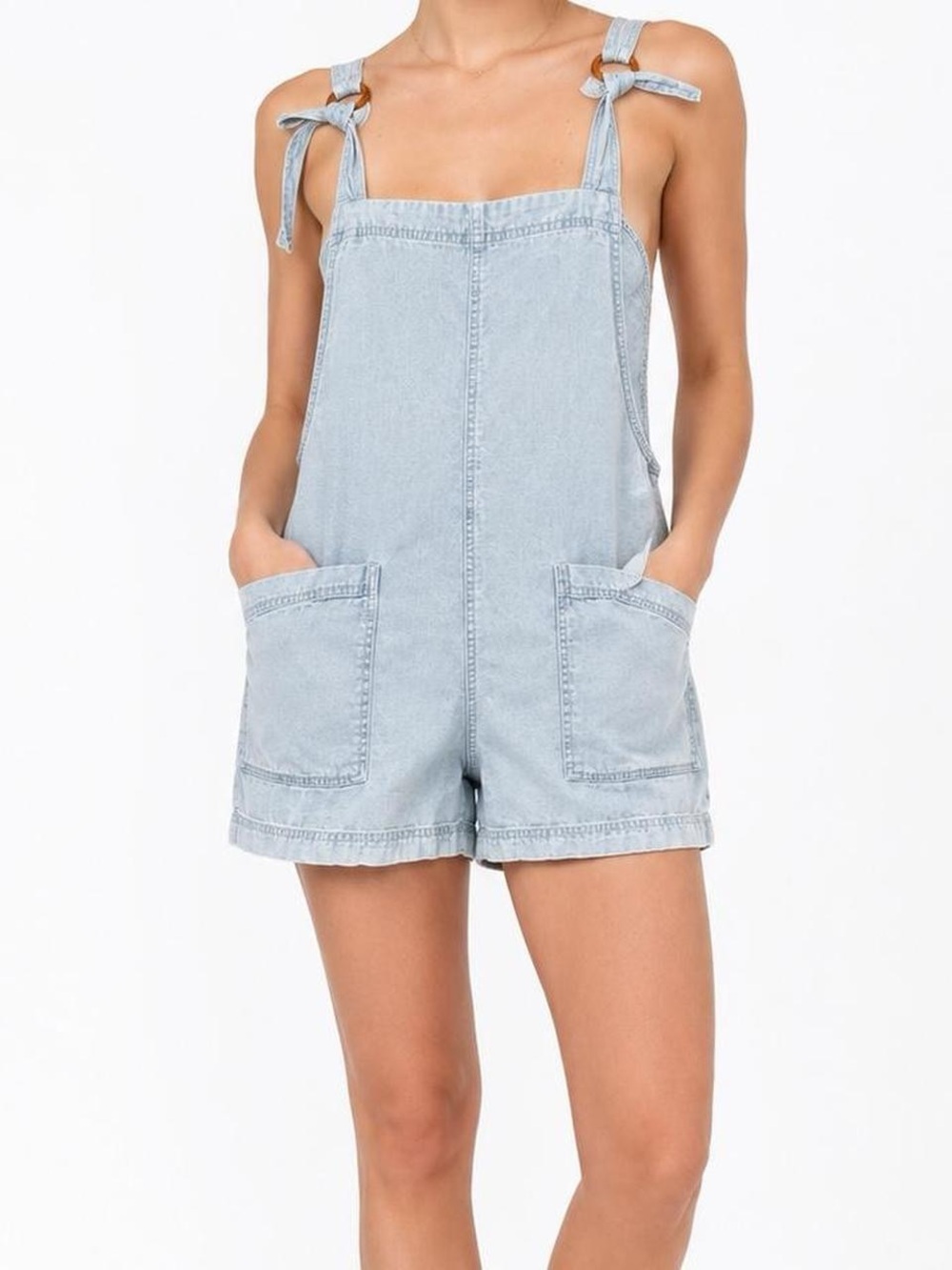 Aerie Light Blue Denim Tie-Shoulder Short Overalls - Women, Size S.